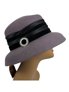 NWT ADORA Womens Wool Cloche Hat Black Velvet Satin Band Rhinestone Brooch